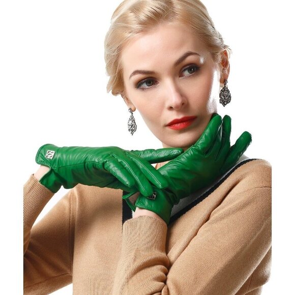 ❤️Women's Green Italian Leather Gloves Lambskin Winter Comfort Gloves - Picture 3 of 9